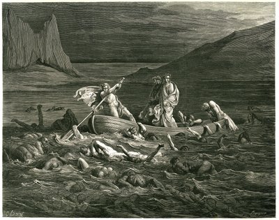 Dante og Vergil sejler, anført af Nocher Phlegyas, på Styx, hvor der vader dæmoner, som forsøger at klatre op i båden. Stik fra Helvede af Dante Alighieri (Den Guddommelige Komedie) illustreret af Gustave Dore. Fransk udgave fra 1861. "Segando se ne af Gustave Dore