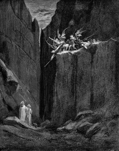 Dante beskyttes af Vergil mod dæmoner. af Gustave Dore