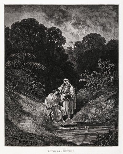 David og Jonatan, heltefigurer fra Israels rige, som indgik en venskabspagt nedskrevet i Samuelsbøgerne, Illustration fra Dore Bible af Gustave Dore