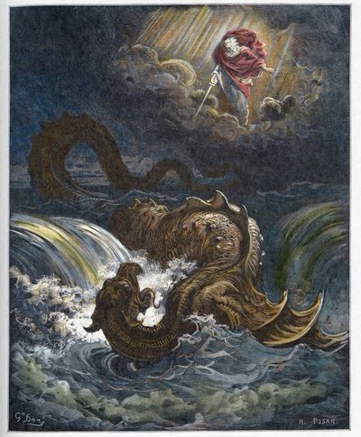 Ødelæggelse af Leviathan - Ødelæggelsen af Leviathan, Det Gamle Testamentes marinemonster - indgravering i "" The Bible illustree"" af Gustave Dore (1832-1883) - Indgravering fra "" The Dore Bible"" af Gustave Dore