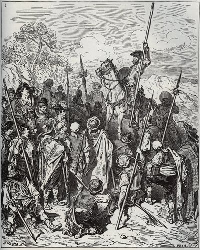 Don Quijote og Sancho med eskadronen af de brølende landsbyboere - fra "Don Quixote de la Mancha"" af Miguel Cervantes (1547-1616) (Don Quixote) - Træsnit efter tegning af Gustave Dore af Gustave Dore