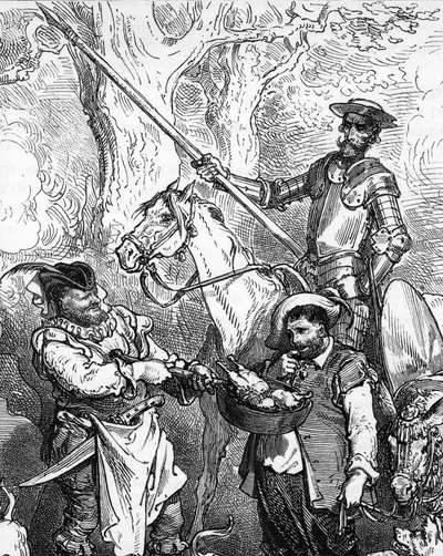 Don Quixote (Quixote eller Qijote), der kaster med håndkraft og rider på sin hest Rossinant, er klar til at tage på eventyr. Hans fidele squiyer, gourmeten Sancho Panza (Panca), tøver foran en god kødret. Detalje af en gravering af Gustave Dore, der illust af Gustave Dore