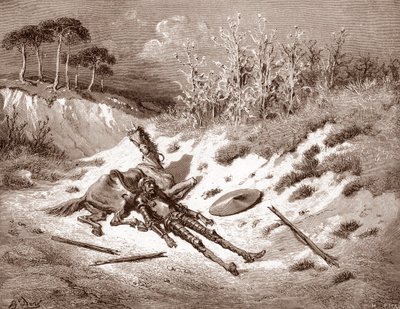 Don Quijote Efter hans tæsk efterlyser Quixote sin ideelle dame Dulcinea del Toboso Gravering af Gustave Dore (1832-1883) til "The Ingenieux Hidalgo Don Quixote de la Mancha (Quixotte - Quijote)" af Miguel af Cervantes (1547-16316) 186316 Privat samling af Gustave Dore