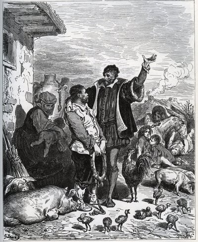 Don Quixote overlader sin nabo Sancho Panza til at være hans ecuyer - fra "Don Quixote de la Mancha"" af Miguel Cervantes af Gustave Dore