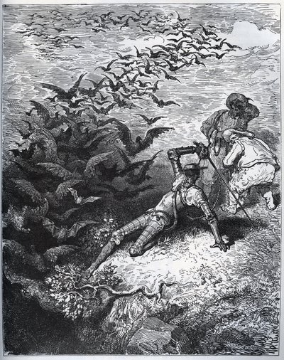 Don Quixote a la cave de Montesinos - Et uendeligt antal krager og råger flyver ud af Montesinos