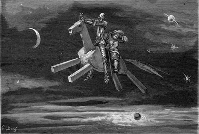 Don Quijote og Sancho Panca (Panza) på himlen, mellem månen og stjernerne, ridende på træhesten Clavilegne. Kobberstik af Gustave Dore, der illustrerer Hachette-udgaven fra 1869 af bogen "L