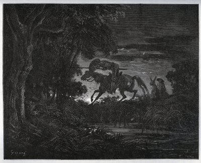 Don Quixote og Sancho Panza i begyndelsen af eventyret i en tyk og ukendt skov - fra "Don Quixote de la Mancha" af Miguel Cervantes (1547-1616) (Don Quixote) - Træsnit efter tegning af Gustave Dore af Gustave Dore