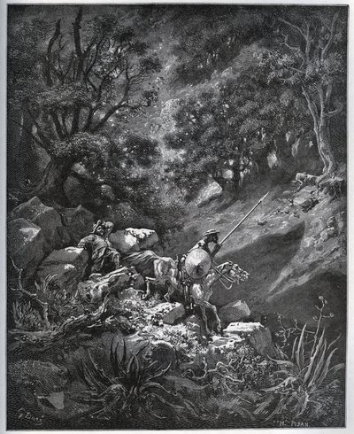 Don Quixote og Sancho Panza fortsætter deres rejse i Sierra Morena på jagt efter Deguenille-de-la-Malaise-minen - fra "Don Quixote de la Mancha" af Miguel Cervantes (1547-1616) (Don Quixote) - Træsnit efter tegning af Gustave Dore af Gustave Dore