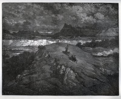 Don Quixote og Sancho Panza fortsætter deres eventyr i en bjergrig region, Sierra Morena - fra "Don Quixote de la Mancha" af Miguel Cervantes (1547-1616) (Don Quixote) - Træsnit efter tegning af Gustave Dore af Gustave Dore