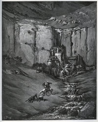 Don Quixote og Sancho Panza opdager, hvad der forårsagede deres bekymring, et vandfald og en mølle en foulon - fra "Don Quixote de la Mancha" af Miguel Cervantes (1547-1616) (Don Quixote) - Træsnit efter tegning af Gustave Dore af Gustave Dore