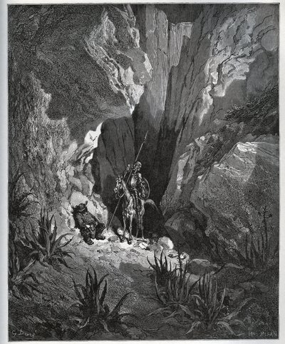Don Quixote og Sancho Panza finder en rejsendes ting - fra "Don Quixote de la Mancha"" af Miguel Cervantes (1547-1616) (Don Quixote) - Træsnit efter tegning af Gustave Dore af Gustave Dore