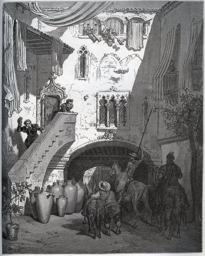 Don Quixote og Sancho Panza, inviteret af Don Diego de Miranda derhjemme, bliver budt velkommen af herrens kone og søn - fra "Don Quixote de la Mancha" af Miguel Cervantes (1547-1616) (Don Quixote) - Træsnit efter tegning af Gustave Dore af Gustave Dore