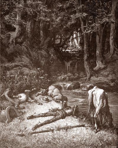 Don Quixote og Sancho Panza genopfrisker dem ved en bæk Gravering af Gustave Dore (1832-1883) til "L
