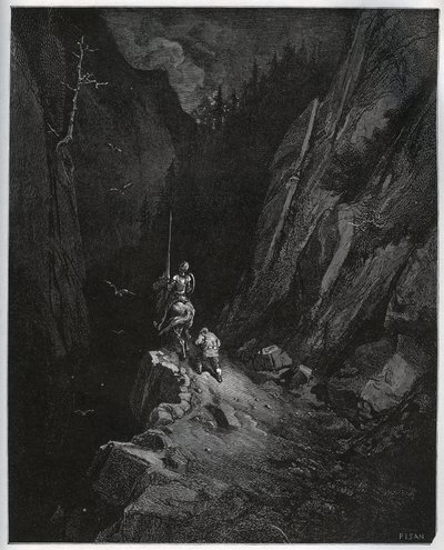 Don Quixote og Sancho Panza synker ned i Sierra Morena - fra "Don Quixote de la Mancha" af Miguel Cervantes (1547-1616) (Don Quixote) - Træsnit efter tegning af Gustave Dore af Gustave Dore