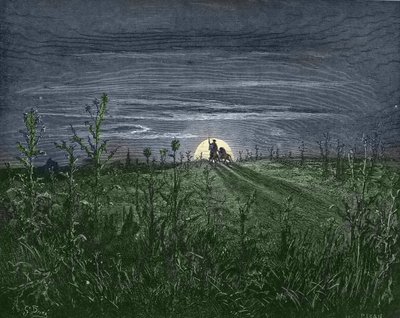 Don Quixote og Sancho, på vej til Toboso - fra "" Don Quixote de la Mancha"" af Miguel Cervantes (1547-1616) (Don Quixote) - Træsnit efter tegning af Gustave Dore (1832-1883) af Gustave Dore