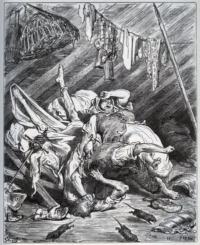 Don Quixote og en muldyrmager kæmper for Maritornes, husholdersken, som Don Quixote tager for sin Dulcinee - fra "Don Quixote de la Mancha" af Miguel Cervantes (1547-1616) (Don Quixote) - Træsnit efter tegning af Gustave Dore af Gustave Dore