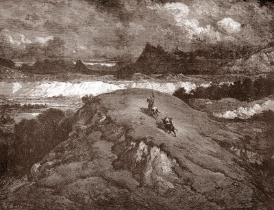 Don Quixote og sancho Panza nærmer sig Sierra Morena Gravering af Gustave Dore (1832-1883) til "L