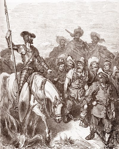 Don Quixote og sancho Panza forhører de kriminelle, der bliver ført til kabyssen. Gravering af Gustave Dore (1832-1883) for "L