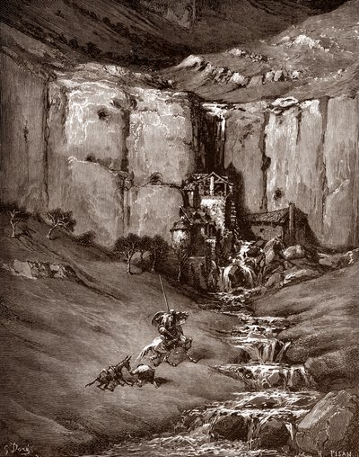Don Quixote og sancho Panza ser et vandfald og larmende kroge (Don Quixote og sancho Panza ser et vandfald og larmende kroge) Gravering af Gustave Dore (1832-1883) til "The Ingenieux Hidalgo Don Quixote de la Mancha (Quixotte - Quijote)" af Miguel de Cerva af Gustave Dore