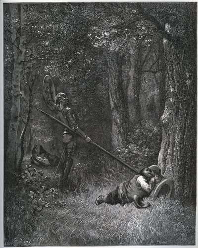 Don Quixote vækker Sancho Panza - fra "Don Quixote de la Mancha" af Miguel Cervantes af Gustave Dore