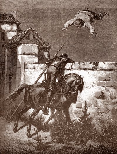 Don Quixote formår ikke at stoppe affyrerne af Sancho Panca, som får ham til at hoppe på et tæppe (Don Quixotes remonstrationer formår ikke at påvirke kasterne) Gravering af Gustave Dore (1832-1883) til "L
