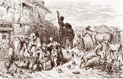 Don Quixote overtaler sin nabo Sancho Panza til at blive hans væbner. Gravering af Gustave Dore (1832-1883) til "L