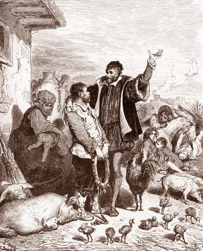 Don Quixote overtaler sin nabo Sancho Panza til at blive hans væbner ved at love at gøre ham til guvernør på en erobret ø. Gravering af Gustave Dore (1832-1883) for "L
