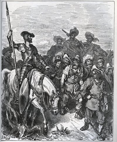 Don Quixote stiller spørgsmålstegn ved kræfterne om årsagerne til deres overbevisning - fra "Don Quixote de la Mancha" af Miguel Cervantes (1547-1616) (Don Quixote) - Træsnit efter tegning af Gustave Dore af Gustave Dore