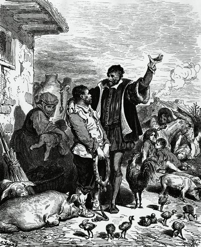 Don Quixote tager Sancho Panza fra sit hjem og udnævner ham til guvernør, illustration af Gustave Dore