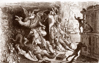 Don Quijote tænker ikke på andet end ridderlige gerninger Gravering af Gustave Dore (1832-1883) til "L