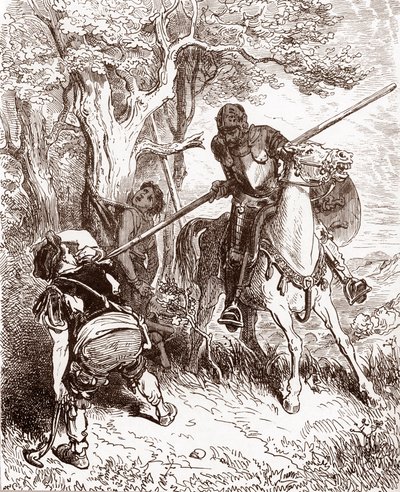Don Quixote truer bonden, der sendte hyrdedrengen. Gravering af Gustave Dore (1832-1883) til "L