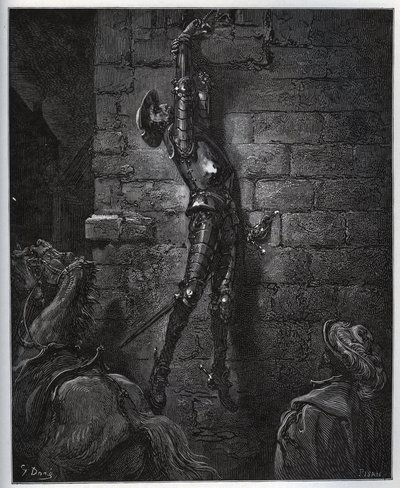 Don Quixote fanget af kroejerens datter og Maritornes, forbliver suspenderet fra et vindue. - fra “Don Quixote de la Mancha” af Miguel Cervantes (1547-1616) (Don Quixote) - Træsnit efter tegning af Gustave Dore af Gustave Dore