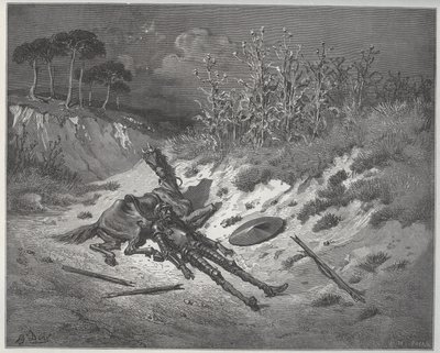 Don Quixotes sår beder om misericorde og hjælp fra hans fantasifigurer - fra "Don Quixote de la Mancha"" af Miguel Cervantes (1547-1616) (Don Quixote) - Træsnit efter tegning af Gustave Dore af Gustave Dore