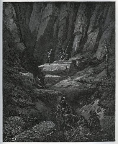 Dorothee og barberen kommer for at hente Don Quixote, så i anger - fra "Don Quixote de la Mancha"" af Miguel Cervantes (1547-1616) (Don Quixote) - Træsnit efter tegning af Gustave Dore af Gustave Dore