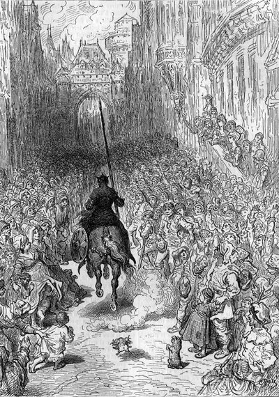 Tegning af Gustave Dore (1832-1883) til digtet "" Furious Roland"" ("Furious Orlando") (1500-tallet) af Ludovico Ariosto, kendt som Ariosta. Indgravering i ""The Diary of Youth"" af Gustave Dore