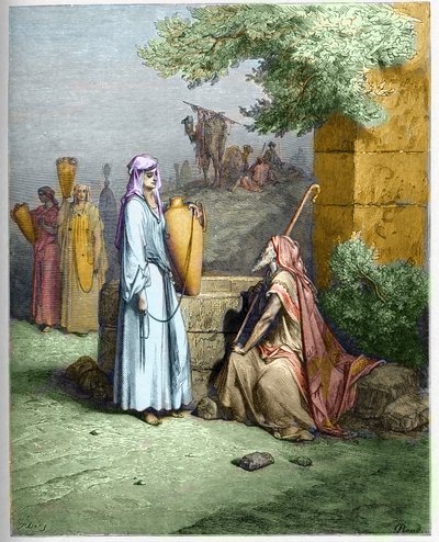 Eliezer og Rebekka - Eliezer, Abrahams tjener, bliver tilbudt en drink vand af Rebekka - Eliezer og Rebekka - indgravering i "The Bible illustree" af Gustave Dore (1832-1883) - Indgravering fra "" The Dore Bible"" af Gustave Dore