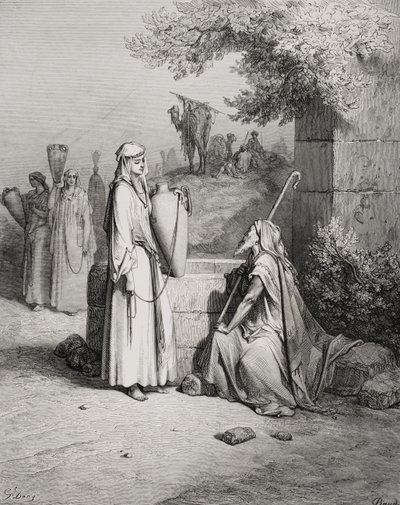 Eliezer og Rebekka, 1. Mosebog 24:15-21, illustration fra Dores 