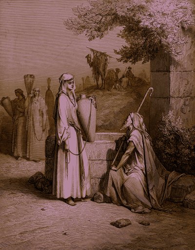 Eliezer og Rebekka / Rebecca, gravering af Doré. - Bibel af Gustave Dore