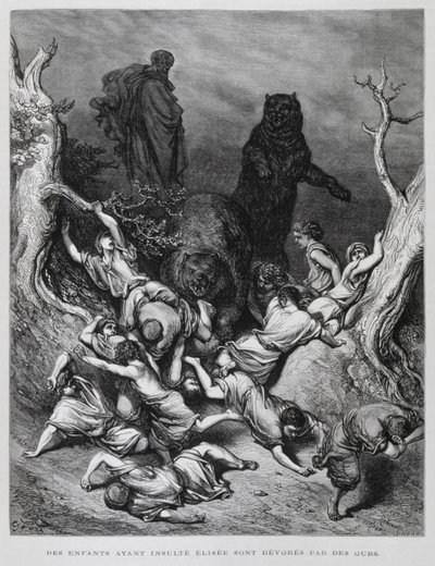 Elisa ser på, mens børnene ødelægges af bjørne, illustration fra Dore-bibelen af Gustave Dore