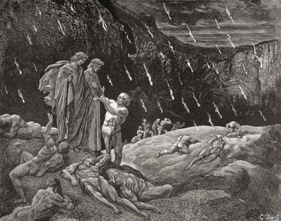 Gravering af Gustave Dore 1832-1883 Fransk kunstner og illustrator til Inferno af Dante Alighieri Canto XV linje 28 og 29 af Gustave Dore