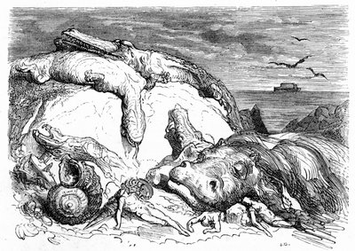 Gravering af Gustave Dore omkring 1850: fremkaldelse af en apokalyptisk syndflod, der kombinerer bibelsk tradition (man kan i det fjerne se Noes ark på havet) og begyndelsen på videnskabelig viden (forskellige uhyrlige dyr mislykkedes på bjerget, præf. af Gustave Dore