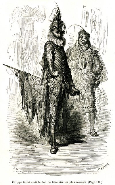 Kobberstik af Gustave Dore, der illustrerer Theophile Gautiers roman "Kaptajn Fracasse". Charpentier-udgave 1863. To komikere (skuespillere fra commedia dell