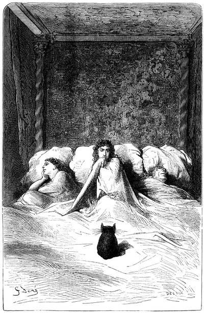 Kobberstik af Gustave Dore, der illustrerer Theophile Gautiers roman "Kaptajn Fracasse". Charpentier-udgave 1863. I baron de Sigognacs residens, "Chateau de la Misere", fandt en flok komikere tilflugt. Tre skuespillerinder faldt i søvn i en l af Gustave Dore