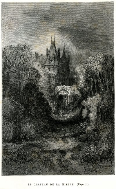 Gravering af Gustave Dore på forsiden af Theophile Gautiers roman "Kaptajn Fracasse". Charpentier-udgave 1863. Chateau de la Misere, baron de Sigognacs hjem. af Gustave Dore
