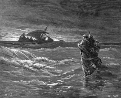 Gravering af Jesus, der går på vandet af Gustave Dore