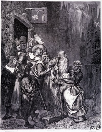 Gå ind i denne kro, tallerken IV - Illustration af Gustave Dore (1832-1883), til La legende du Jeif wandering af Pierre Dupont, udgave Librairie du magasin picturesque, Paris 1862 af Gustave Dore
