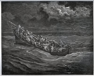 Flugt fra Zoraide med fangen i båden fuld af flugter fra Algier til Spanien - fra "Don Quixote de la Mancha"" af Miguel Cervantes (1547-1616) (Don Quixote) - Træsnit efter tegning af Gustave Dore af Gustave Dore