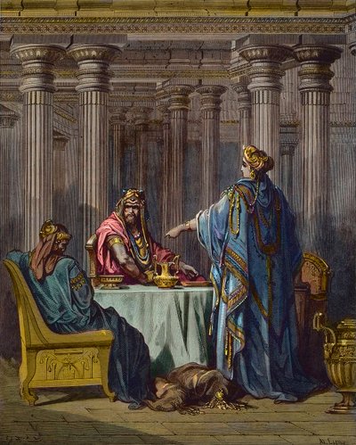 Esther anklager Haman (Aman) - bibelske scener, Esther og Aman, træstik af Gustave Dore - senere farvelægning af Gustave Dore