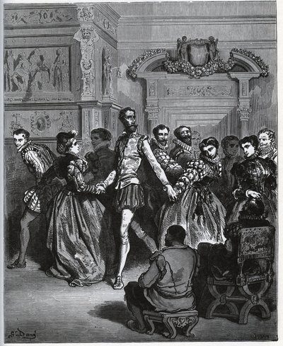 Aften arrangeret efter Don Antonio. Don Quixote opdager uden at værdsætte dansens fornøjelser - fra "Don Quixote de la Mancha" af Miguel Cervantes af Gustave Dore