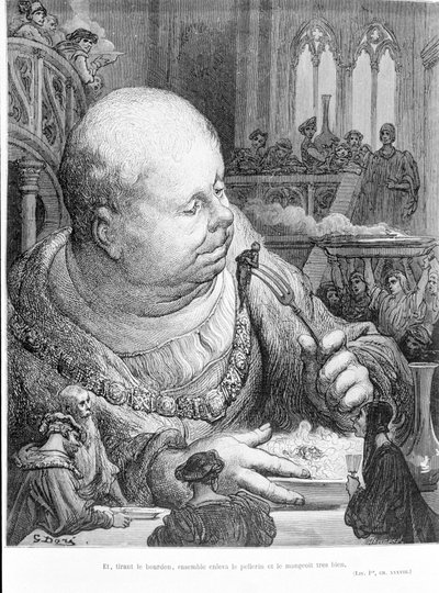 Uddrag fra Gargantua (1534) af François Rabelais (1483 - 1553): Og ved at trække i humlebien fjernede de sammen pellerinen og spiste den meget godt. Gravering af Gustave Dore (1823-1883) af Gustave Dore